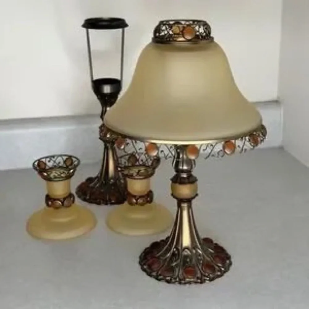 Classic Amber Glass and Bronze Table Lamp Set - Elegant Home Accents